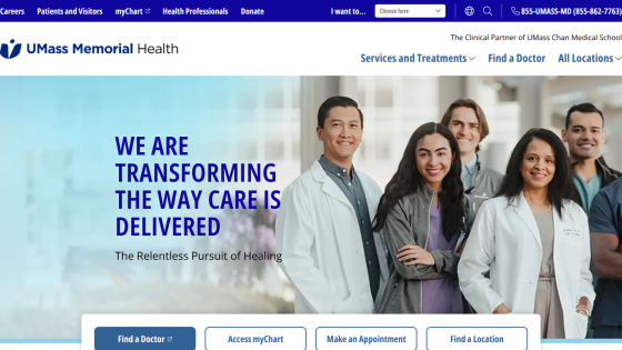 UMass Memorial Health homepage featuring a team of healthcare professionals and key service links.