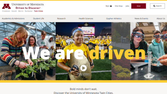 University of Minnesota homepage featuring diverse students and the slogan 'We are driven.'