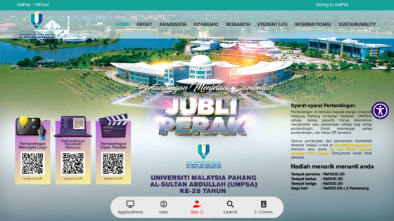 Celebration banner for 'Jubli Perak' at Universiti Malaysia Perlis with QR codes and event details.