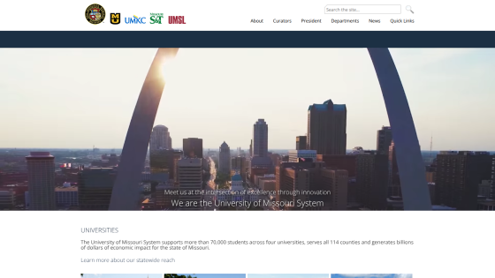 University of Missouri System homepage featuring skyline and mission statement.