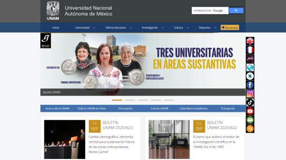 Homepage of Universidad Nacional Autónoma de México featuring three university representatives and news updates.
