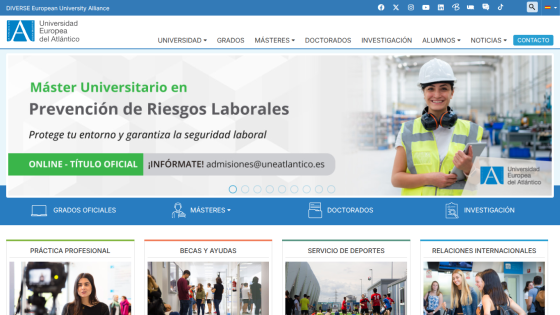 Universidad Europea del Atlántico website promoting an online Master's in Occupational Risk Prevention with contact info and navigation menu