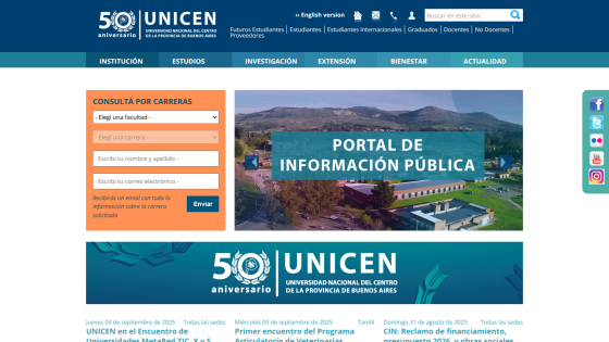 Homepage of UNICEN celebrating its 50th anniversary with a public information portal.
