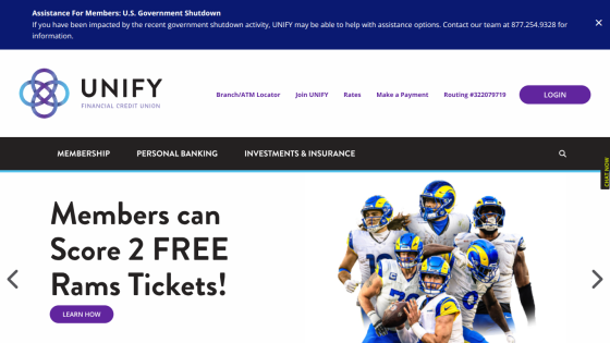 UNIFY Financial Credit Union homepage with mortgage offers and family image, navigation links, and login button