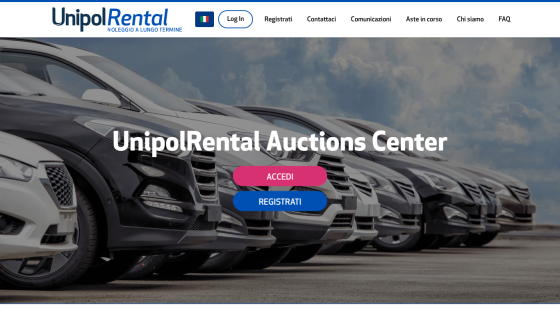 UnipolRental Auctions Center homepage with row of cars and login and registration buttons