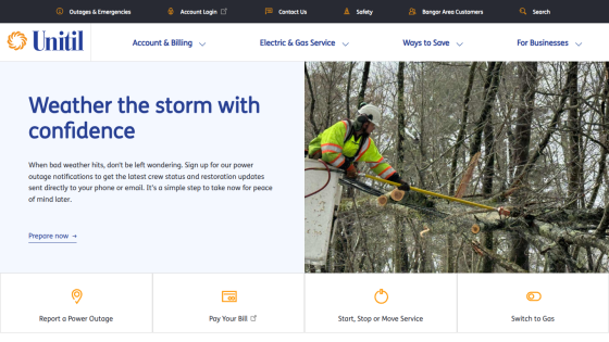 Utility company homepage offering power outage notifications and service options with a worker clearing tree branches