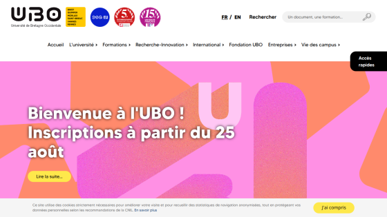 Homepage of UBO welcoming users with registration information.