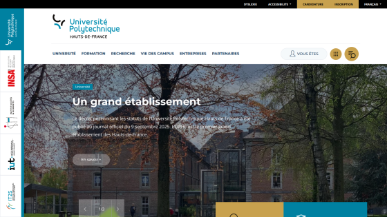 Université Polytechnique Hauts-de-France homepage with headline about its status as a major institution and navigation menu
