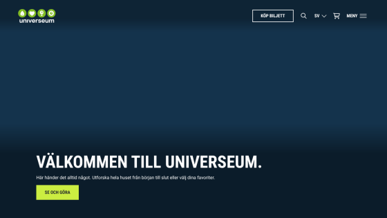 Welcome message for Universeum with invitation to explore and a call to action button