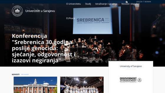 University of Sarajevo homepage featuring a conference announcement and an orchestra performance.