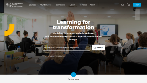 Homepage featuring a learning transformation theme with a call to action for online courses.