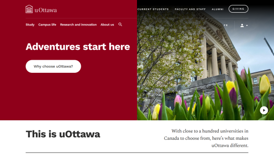 uOttawa homepage featuring a call to action and a vibrant campus image.