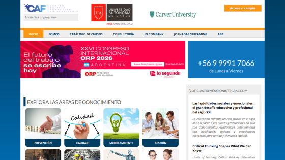 Homepage featuring educational areas, contact info, and event promotion.