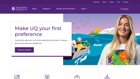Homepage of UQ featuring a woman and a call to action to find a program.