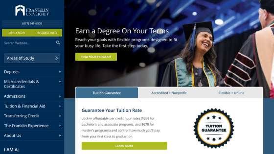 Homepage of Franklin University promoting degree programs and tuition guarantee.