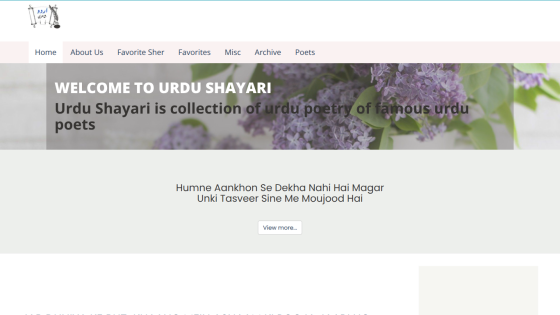 Homepage of Urdu Shayari featuring a welcome message and description of Urdu poetry.