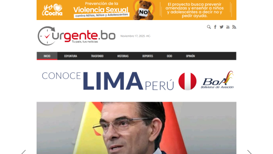 News website urgente.bo with navigation and a hero section promoting Lima, Peru with Boliviana de Aviación