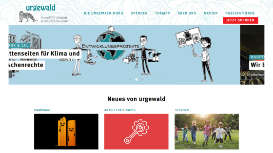 Environmental and human rights advocacy site with navigation, hero banner on climate and human rights, and news sections