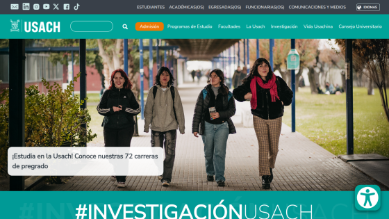 Four students walking on campus with a banner about research programs.
