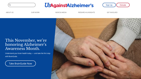 UsAgainstAlzheimer's homepage honoring Alzheimer's Awareness Month with call to action to take BrainGuide