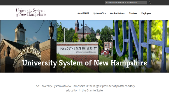 Homepage of the University System of New Hampshire with logo and key information.