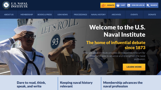 Homepage of the U.S. Naval Institute featuring a welcome message and key navigation options.