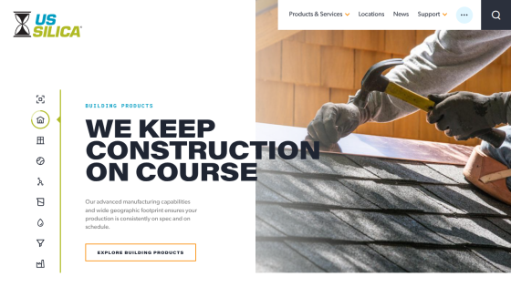 US Silica homepage with navigation and hero section promoting building products and construction services