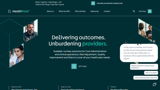 HealthProof homepage with navigation, headline about delivering outcomes, and call to action button