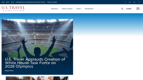 U.S. Travel Association website featuring news on the 2028 Olympics task force.