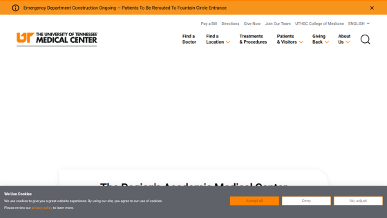 UT Medical Center homepage with navigation menu, search bar, and hero section titled 'The Region's Academic Medical Center'
