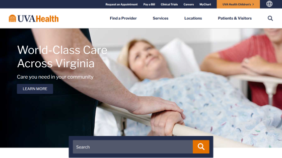 UVA Health homepage featuring a patient receiving care with a call to action to learn more.