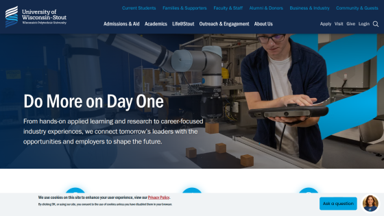 University of Wisconsin-Stout homepage featuring a student with a robot and the text 'Do More on Day One.'