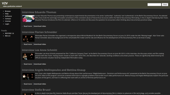 V2V video syndication network homepage featuring interviews with filmmakers and curators at the Berlin Documentary Forum