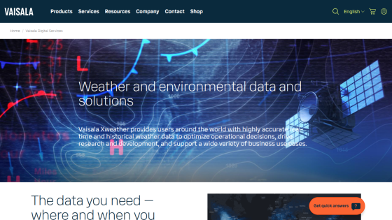 Website header with navigation and hero section titled 'Weather and environmental data and solutions'