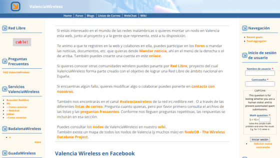 ValenciaWireless website homepage with navigation links and information about wireless networks and community participation in Spanish