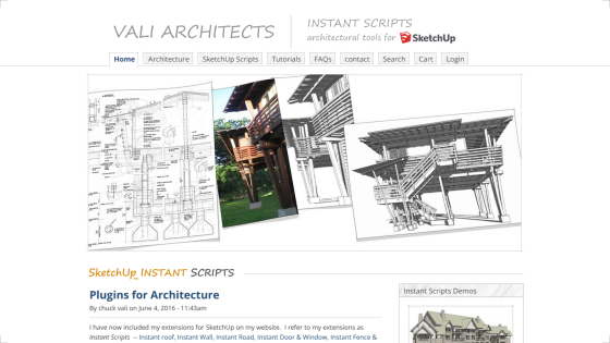 Vali Architects homepage featuring architectural designs and scripts for SketchUp.
