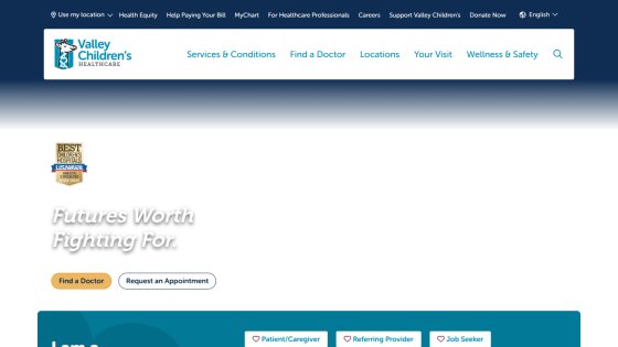 Valley Children's Healthcare homepage with navigation bar and hero section promoting patient care and appointment requests