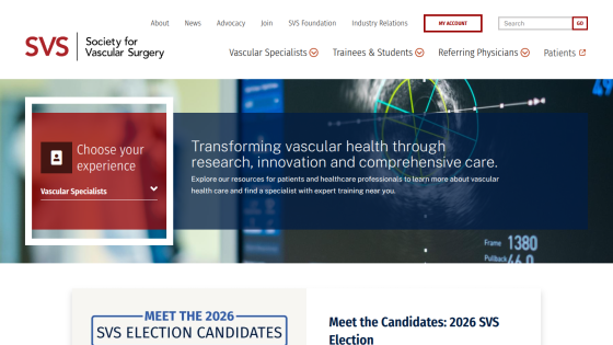 Homepage of SVS with options for vascular specialties and a mission statement.