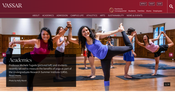 Vassar College academics section featuring students engaged in activities.