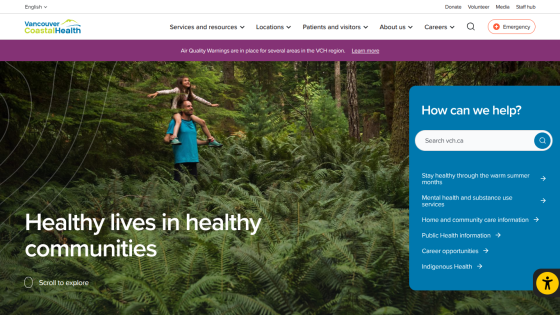 Homepage promoting healthy lives in communities with a search feature.