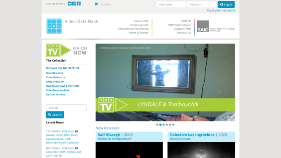 Video Data Bank homepage with navigation, video collection categories, and featured video LYNDLALE & Tomboychik