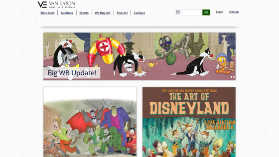 Van Eaton Galleries homepage with navigation links and a featured Warner Bros update banner and Disneyland art auction promotion