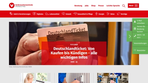 Website header and navigation with a hero section about Deutschlandticket information from purchase to cancellation