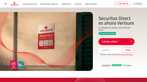 Verisure homepage featuring security service promotion and online quote button.
