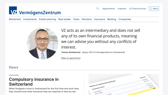 VZ VermögensZentrum homepage with financial advisory statement, navigation menu, and news on compulsory insurance in Switzerland