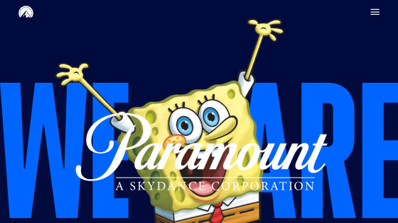Paramount's homepage featuring SpongeBob with 'WE ARE' text prominently displayed.