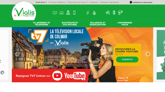 Vialis website promoting TV7 Colmar local television with navigation for TV, internet, electricity, and company info