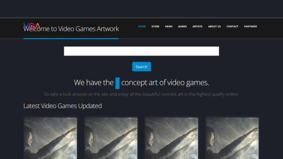 Homepage featuring search bar and tagline about video game concept art.