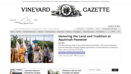 Homepage of Vineyard Gazette featuring an article about Aquinnah Powwow.