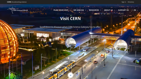 CERN Science Gateway website inviting visitors to discover offerings with navigation menu and night-time facility image